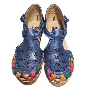Handmade Mexican‎ Huarache Sandals Floral Multi Color Leather Summer Boho US 8.5